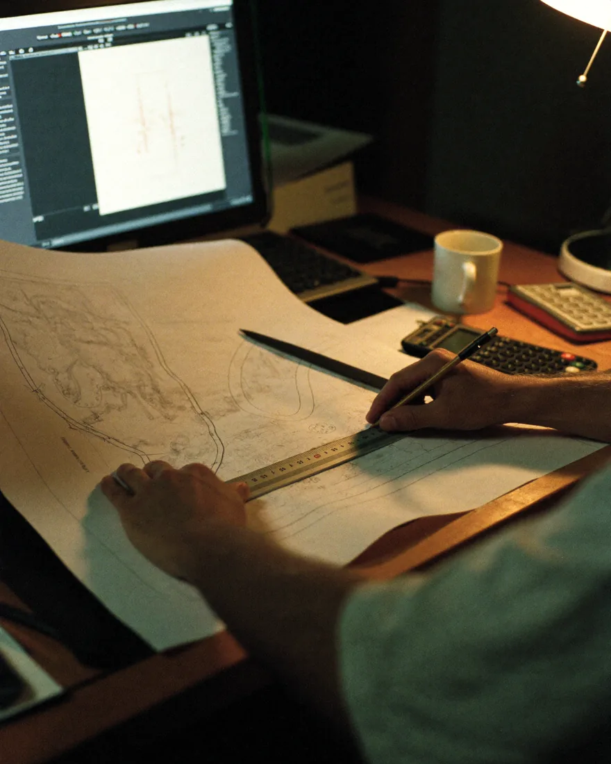 Des mains posent une règle sur un plan de voirie déroulé, tard le soir, devant un écran de dessin
